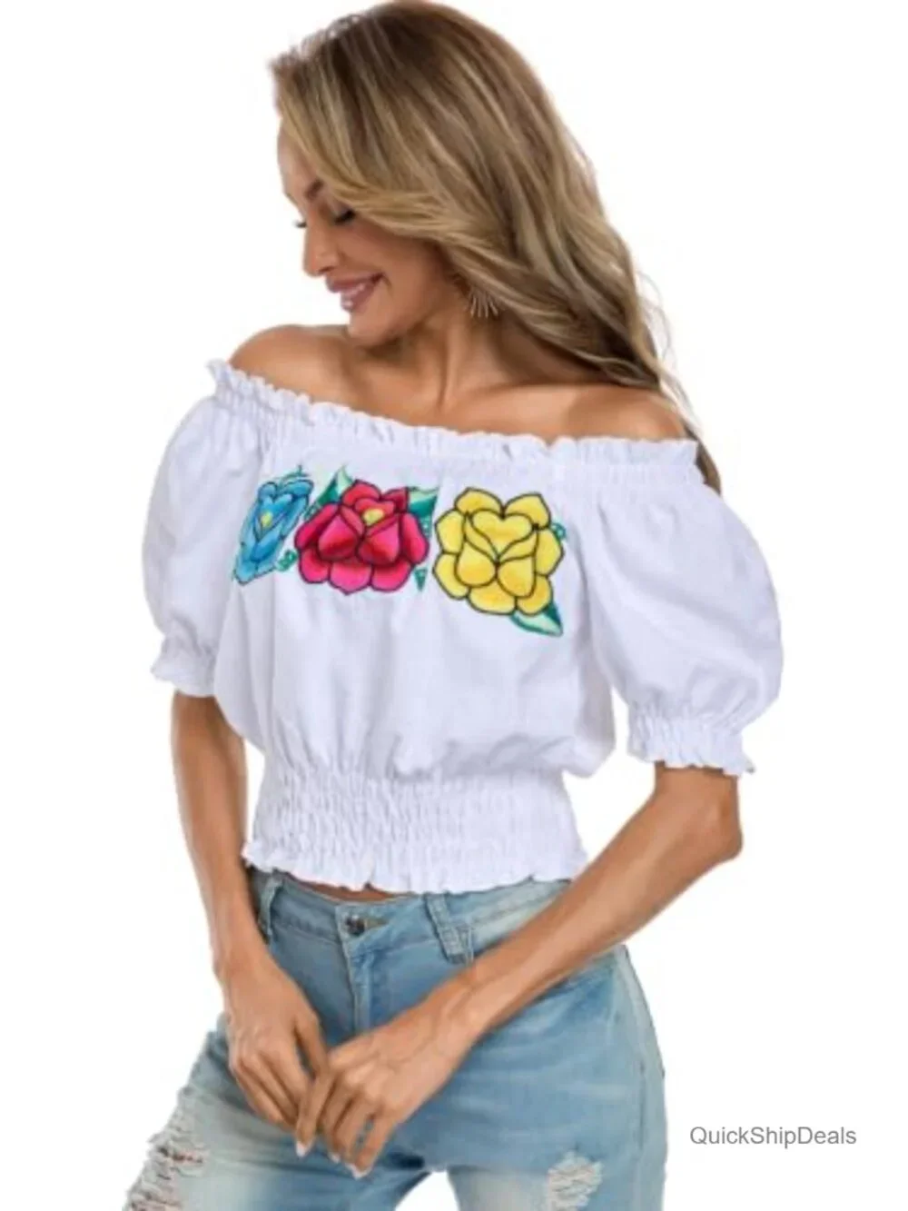 Embroidered Off-Shoulder Blouse Lace Top with Short Puff Sleeves